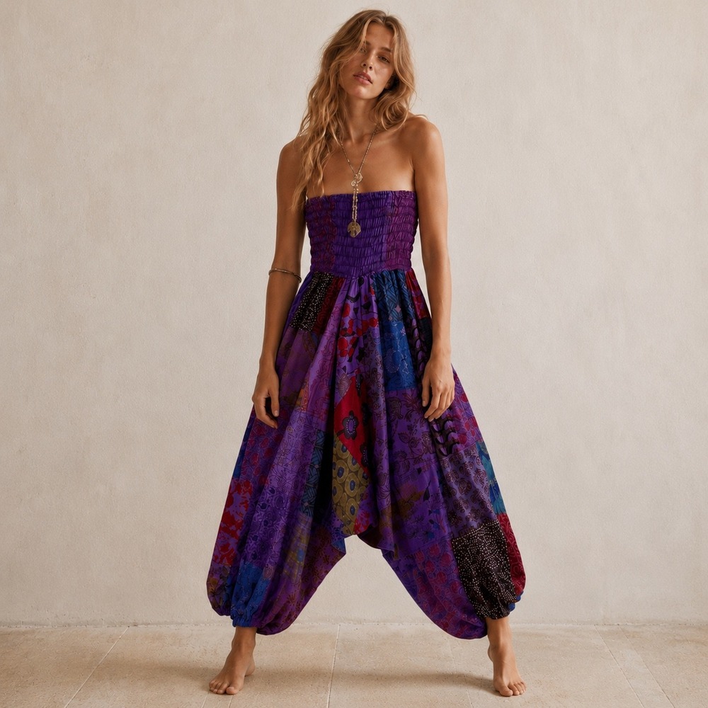 Boho Patchwork Harem‎ Pants Romper Jumpsuit Womens S Colorful Hippie Festival